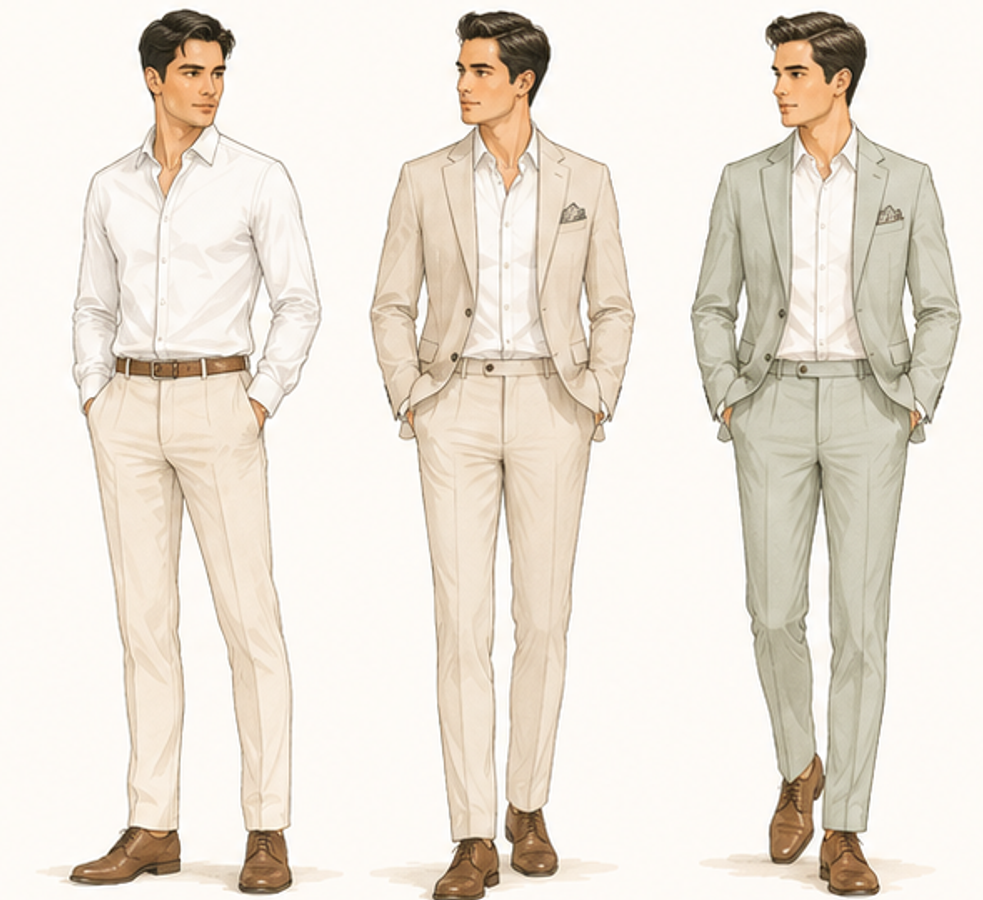 Semi-formal men's attire with light shirts and neutral suit colors
