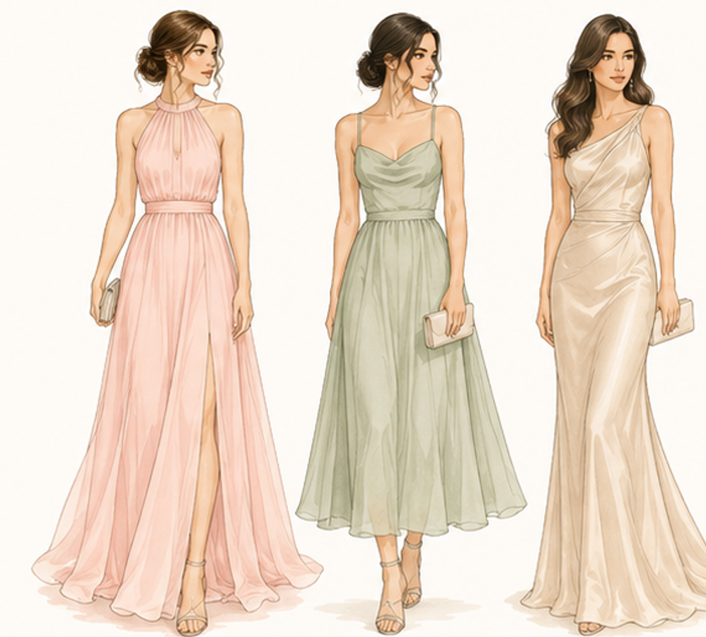Semi-formal women's attire in light green, light pink, and champagne tones