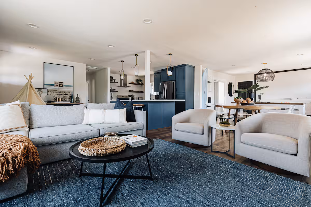 Pool table and open living area at the Atascadero Drive Airbnb