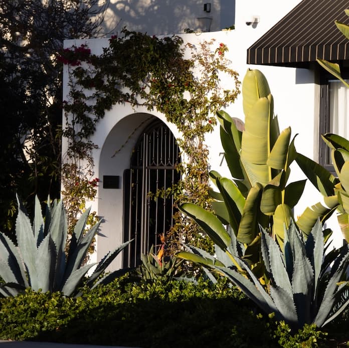 White stucco entrance and landscaping at Orli La Jolla